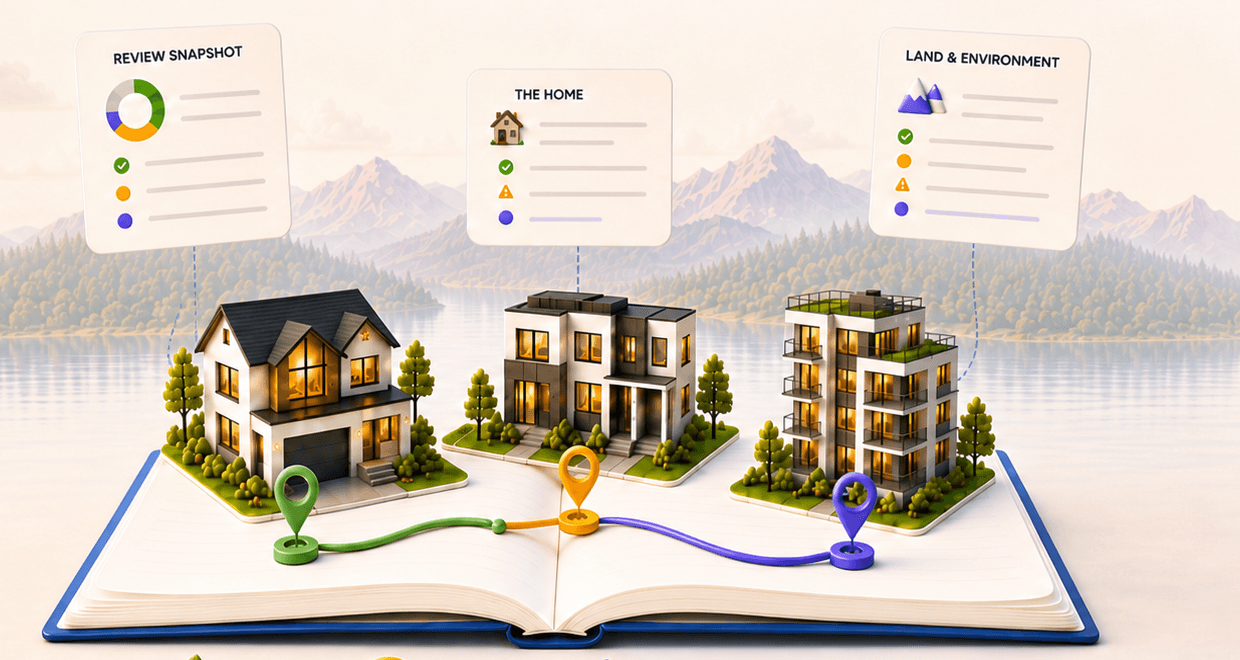 An open Home Passport book with homes, review cards, and journey pins.