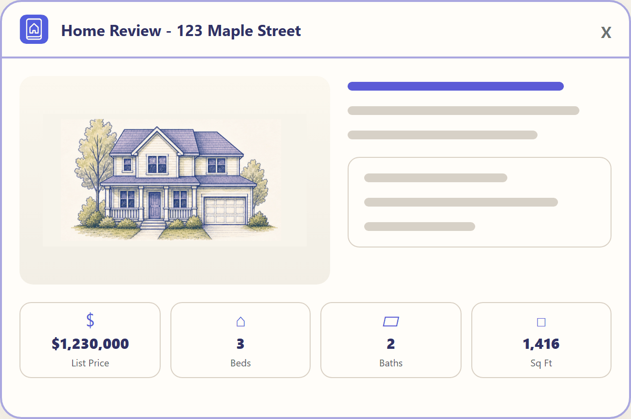 A grouped Home Review preview with key facts